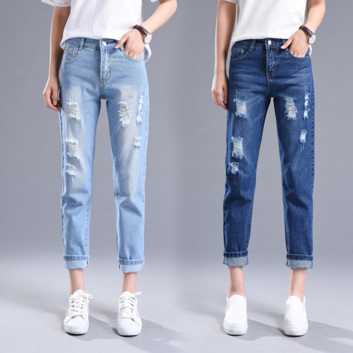 Ripped jeans cropped pants women's black and white loose student light color bf beggar pants spring new harlan 9 point pants