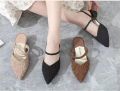 New Lady Style Niche Design Sense Lace-up Thick Heel Pointed Head Rose Wrapped Head Half Slippers.