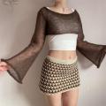 Vintage 90s Knitted Crop Tops Women Fashion Flared Long Sleeve Round Neck Pullovers Sweater Harajuku E-girl Aesthetic Streetwear. 
