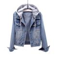 Women Hoodie Turndown Collar Women Short Slim Denim Jacket. 