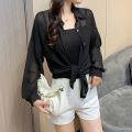 Women Shirts Sheer Sun-proof Fashion Summer Elegant Outerwear Simple Solid All-match Feminine Long Sleeve Turn-down Collar Cozy.