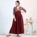Maroon V Neck Gathered Dress ( Full Stitch Dress ) k49. 