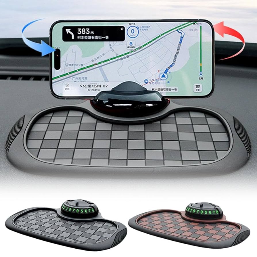 Car Dashboard Non Slip Mat, Multi Functional Thicken Washable Checkerboard Design Anti Slip Mat with Universal Number Plate for Aromatherapy Sunglasses Key(Gray & Black)
