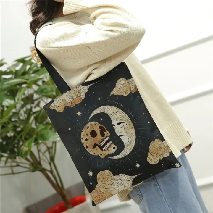Retro%20Moon%20Art%20Tote%20Bag%20Women's%20Daily%20Casual%20Shopping%20Black%20One%20Shoulder%20Canvas%20Bag%20For%20Men%20Women%20ECO%20Groceries%20Bag%20With%20Zipper%20-%20Image%202