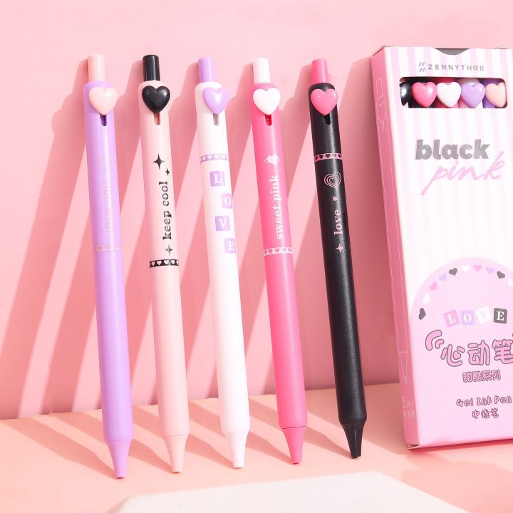 5pcs/box%20Black%20Pink%20Press%20Gel%20Pen%20Business%20Signature%20Pen%20Sweet%20Love%20Button%200.5mm%20Ballpoint%20Black%20Color%20Ink%20for%20Writing%20School%20Shapewear%20-%20Image%202