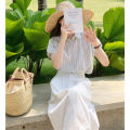 6636Summer Fashion Striped Blue Shirt Women's French Gentle and All-Match Shirt Niche Top Summer Stitching. 