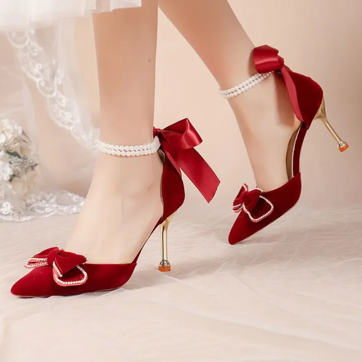 French%20Xiuhe%20Wedding%20Dress%20Two-Way%20Wedding%20Shoes%20Summer%20Women's%20Bridal%20Shoes%20Stiletto%20Toe%20Box%20Sandals%20Women's%20Pearl%20Red%20High%20Heels%20-%20Image%207