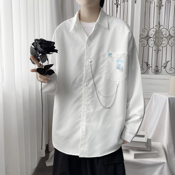 South Korea ulzzang Long Sleeve Solid Color Shirt Men's Hong Kong Style  Trendy Brand Korean Style Chain Decoration Shirt Baggy Coat Trendy |  Daraz.com.bd