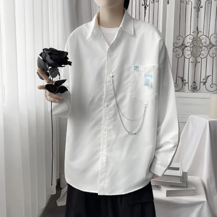 South Korea ulzzang Long Sleeve Solid Color Shirt Men's Hong Kong Style Trendy Brand Korean Style Chain Decoration Shirt Baggy Coat Trendy