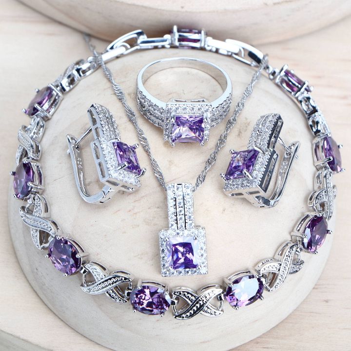 Purple Zirconia Women Bridal Jewelry Sets Silver 925 Fine