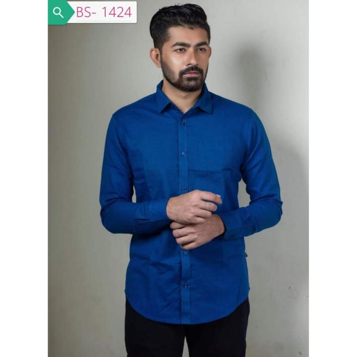 Royal Blue Solid Color Cotton Long Sleeve Formal Shirt for Men