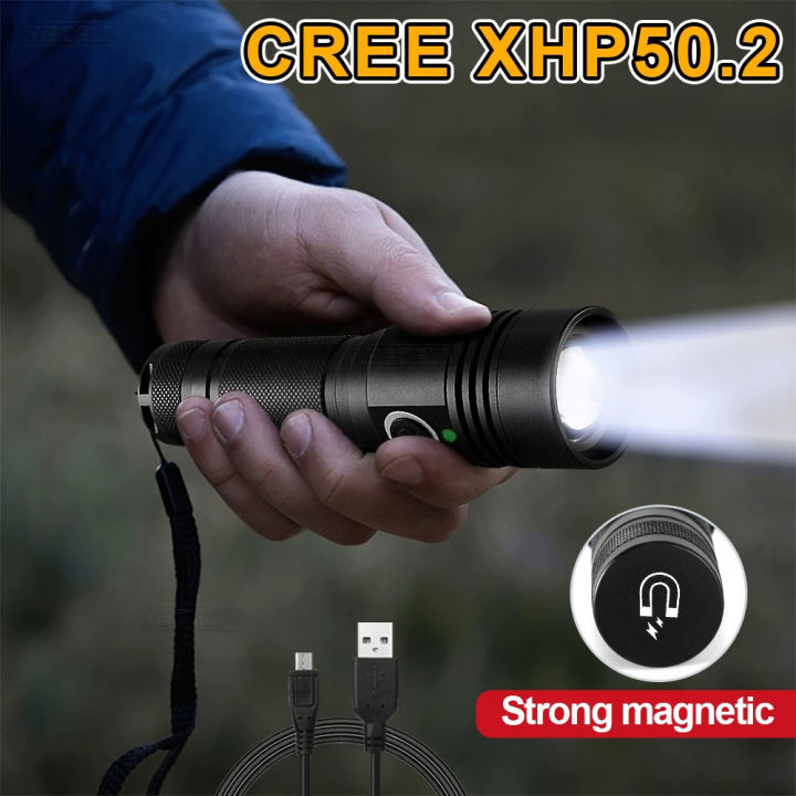 8000lumen Cree xhp50 LED flashlight 18650 mini rechargeable flashlight USB xhp50.2 torch light zoom waterproof and magnet design