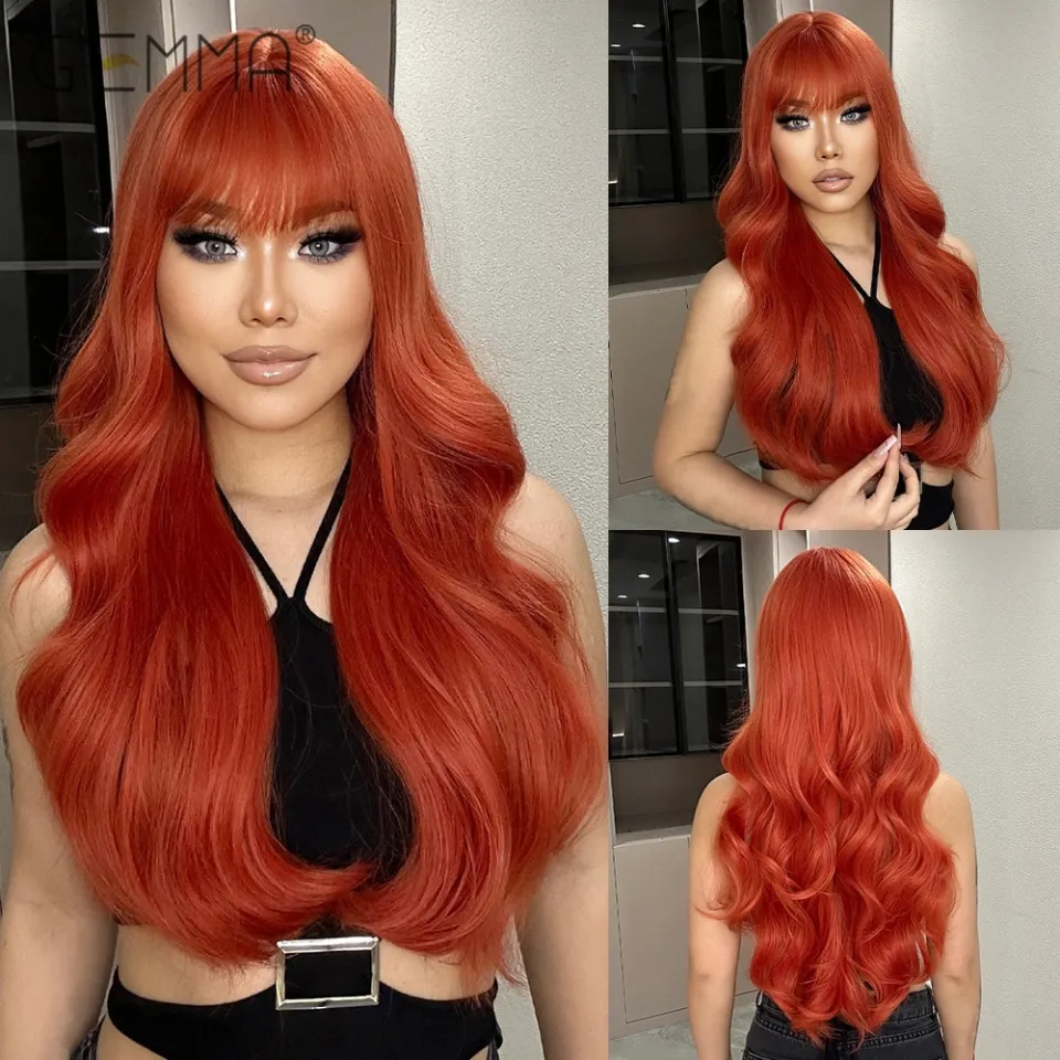 Bangs Long Wigs For Halloween Long Orange Red Wavy Wig With Bangs