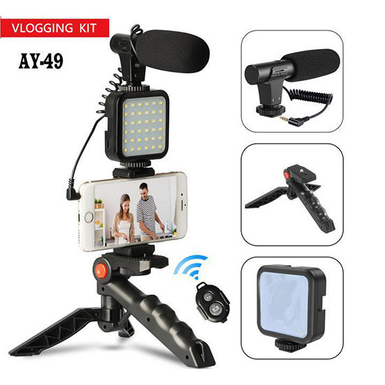 AY-49 Camera Video Recording Vlogging Kit for Video Making, Mic, Mini  Tripod Stand, LED Light Phone Holder Clip for Making Videos Podcasting  Remote