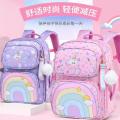 New Student Rainbow School Bag Grade 1-3-6 Girls Lightweight Spine Protector Children's Backpack Cute Pink. 