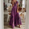 Women Floral Print Casual Dress Summer Elegant V-neck Pleated Vintage Bohemian Maxi Dresses Female Big Swing Holiday Long Dress. 