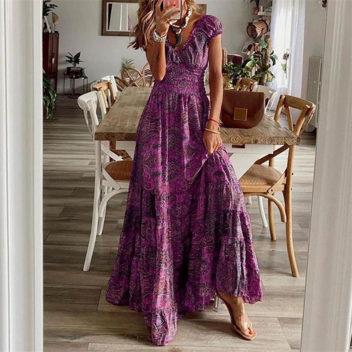 Women%20Floral%20Print%20Casual%20Dress%20Summer%20Elegant%20V-neck%20Pleated%20Vintage%20Bohemian%20Maxi%20Dresses%20Female%20Big%20Swing%20Holiday%20Long%20Dress%20-%20Image%205