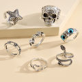 Exaggerated Punk Dark Skull Heart Snake Men Ring Set Vintage Spades A Drop Oil Owl Butterfly Silver Open Adjustable Ring. 