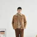Kuzu yün ceket erkek polar astarlı kalınlaşmış süet ceket gevşek rahat tüm maç düz renk yaka Patchwork Trendy sonbahar kış. 