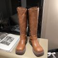 miu*Model Style Belt Buckle Chunky Heel Martin Boots Women's Spring/Summer Leather Retro below the Knee Boots Western Boots. 