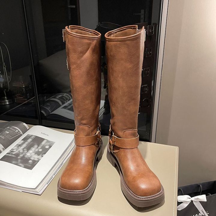 miu*Model%20Style%20Belt%20Buckle%20Chunky%20Heel%20Martin%20Boots%20Women's%20Spring/Summer%20Leather%20Retro%20below%20the%20Knee%20Boots%20Western%20Boots%20-%20Image%204