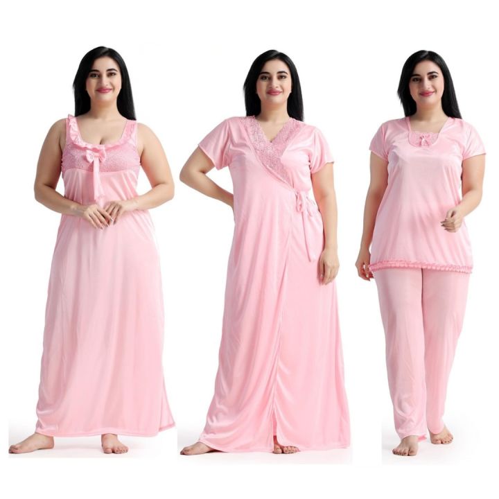 Women 4 Part Comfortable Long Solid Night Dress for Comfortable Nighty Set -Maxi