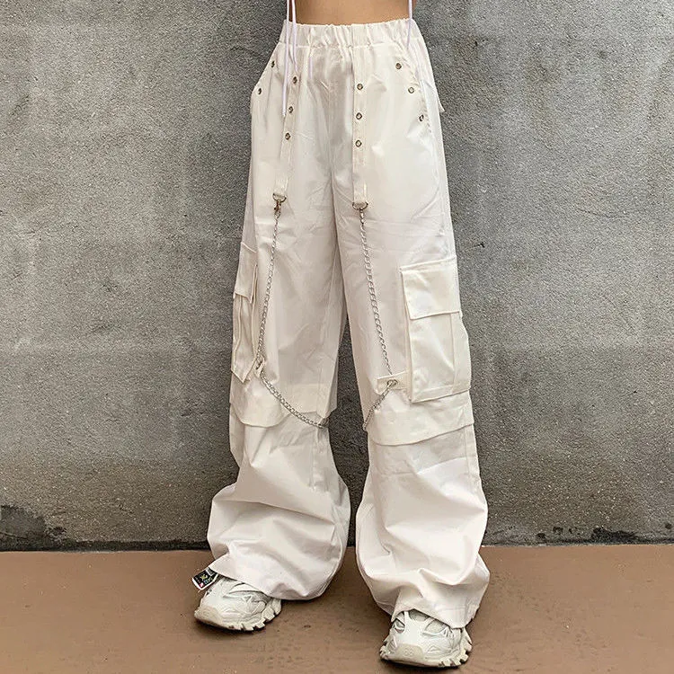Mall Goth White Cargo Pants Women Gothic Hippie Streetwear Chain