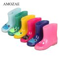 Children's Rubber Rain Boots Kids PVC Baby Girls Cute Cat Plus Cotton Rain Shoes Pink Waterproof Ankle Boots Size 24-28.