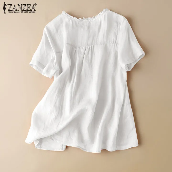 ZANZEA%20Women%20Short%20Sleeve%20Button%20O-Neck%20Shirt%20Summer%20Casual%20Cotton%20Baggy%20Blouse%20Tops%20#2%20-%20Image%202