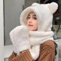 3 in 1 Winter Hat Fashionable Women's Winter Plush Hat Set Cute Bear Ear Shape 3-in-1 Scarf Gloves Neck Warmer Solid Color Warm. 