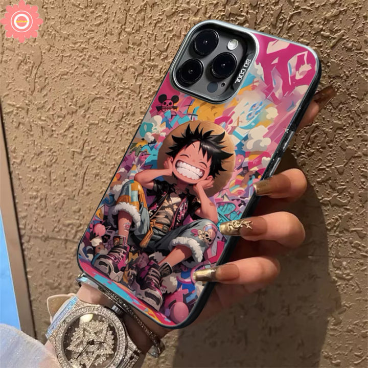 Cartoon Luxury Plated Metal Lens Case Compatible for IPhone 7Plus 11 13 14 15 12 Pro Max XR 7 8 15 14 Plus X XS Max SE 2020 Trend Brand Happy Cool Cartoon Luffy One Piece Soft Case