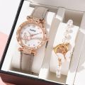 Gorgeous Women's Quartz Watch & Bracelet Set - Unique Diamond Starry Sky Dial Watches for Girls Luxury Stylish Wristwatch.