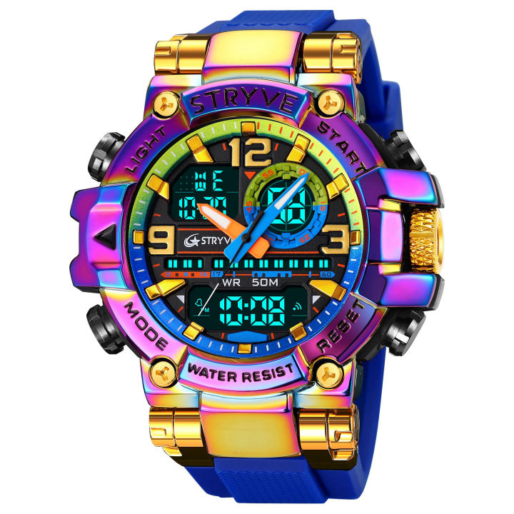 【NShisasN】STRYVE Fashion Men's Sport Watches Shock Resistant 50M Waterproof Wristwatch LED Alarm Stopwatch Clock Watches Men 8025