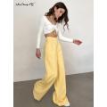 Mnealways18 Elegant Yellow Formal Trousers Women High Waisted Wide Leg Pants Female Office Work Spring Long Pants Solid Pockets.
