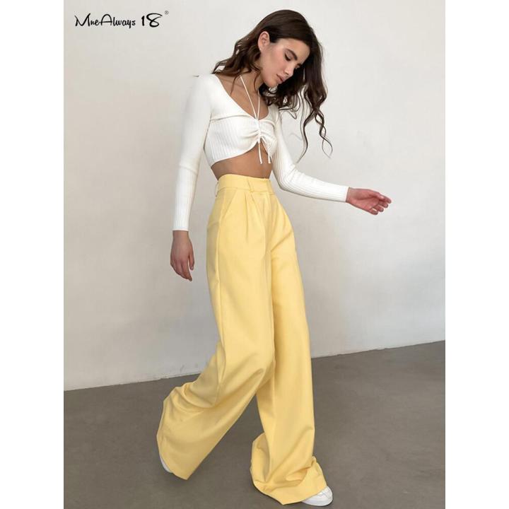 Mnealways18 Elegant Yellow Formal Trousers Women High Waisted Wide Leg Pants Female Office Work Spring Long Pants Solid Pockets