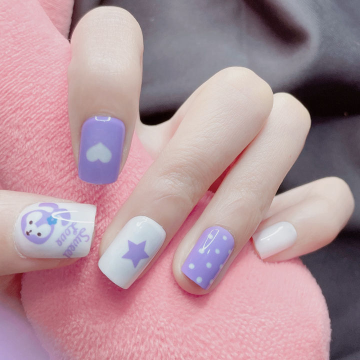 DIY Fake Nail Light Purple White Nail with Cute Rabbit Pattern for Festival Party and Date