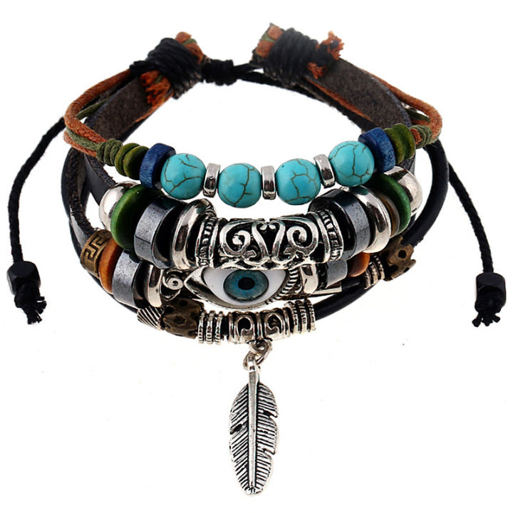 Jewelry beaded multi-layer blue eye cowhide ethnic style feather pendant student bracelet