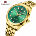 NAVIFORCE 9203 Business mens watches stainless steel strap with Day Quartz Wristwatches- Gold & Green.