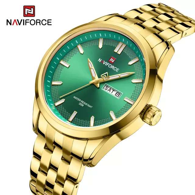 NAVIFORCE 9203 Business mens watches stainless steel strap with Day Quartz Wristwatches- Gold & Green