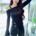 2023 autumn and winter new women's strap drawstring hot girl style solid color off-neck irregular outer wear women's T-shirt top.