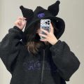 Sanrio Cartoon Kuromi Clothes Women Black Embroidery Hoodies Y2k Aesthetic Tops Autumn Thin Coat Female Fashion Loose Sweatshirt. 