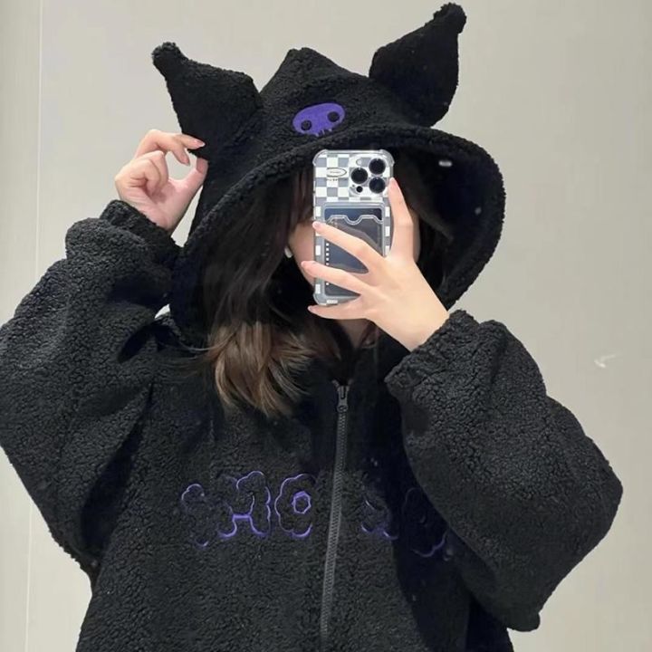 Sanrio%20Cartoon%20Kuromi%20Clothes%20Women%20Black%20Embroidery%20Hoodies%20Y2k%20Aesthetic%20Tops%20Autumn%20Thin%20Coat%20Female%20Fashion%20Loose%20Sweatshirt%20-%20Image%202