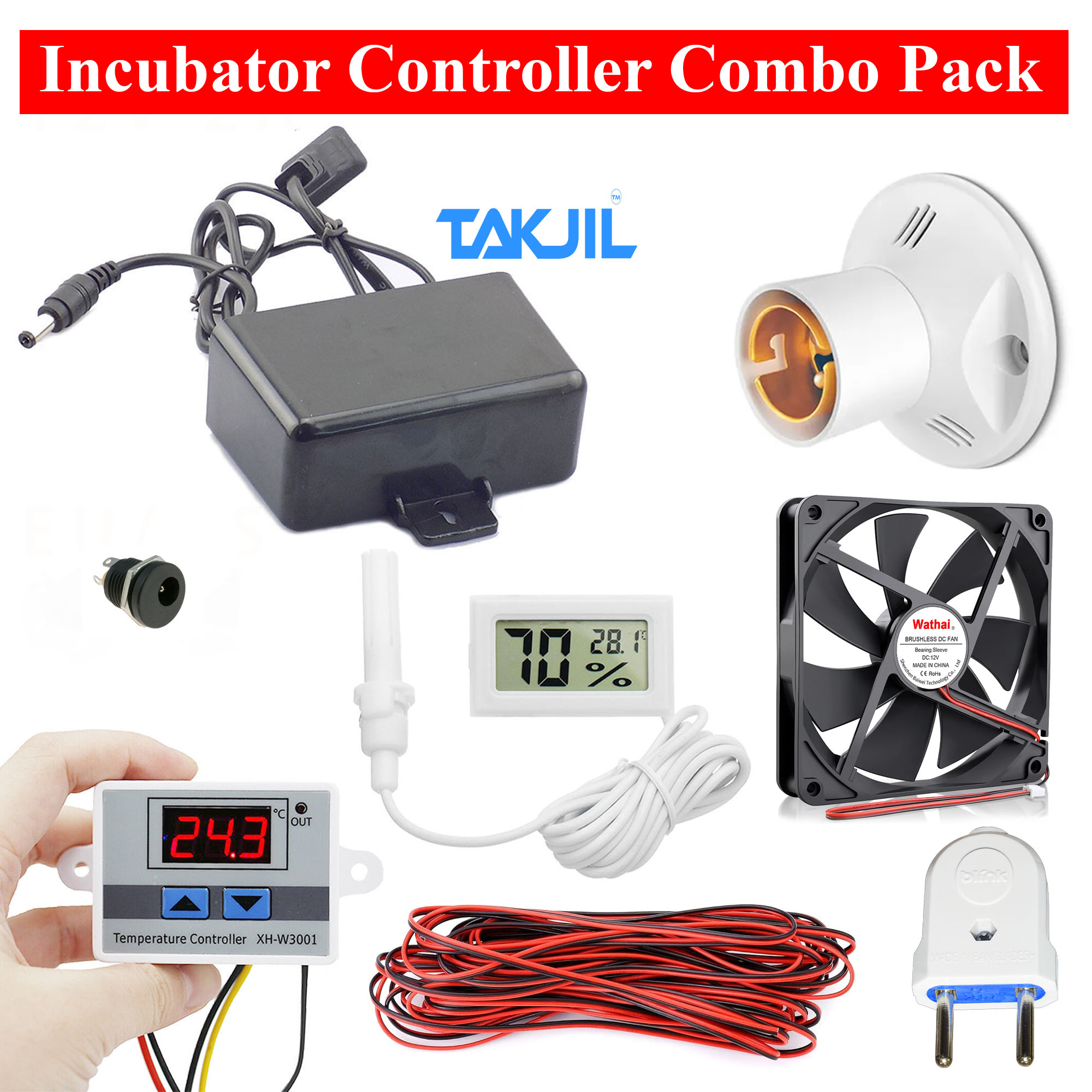 Combo for DIY Incubator W3001 12V DC Digital Temperature Controller with 12v 2amp Adapter, Lcd Temperatur Meter, Temperatur XH-W3001 Controller, 5 inc 12v Coller Fan, Light Holder, 2 Pin Plug, 2m Cable, 12v Female Jack. incubator controller combo pack
