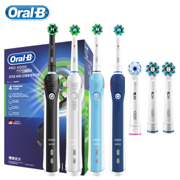 Oral-B Pro 4000 Electric Toothbrush with 4 Brush Heads Rechargeable Adult Teeth Brush With Pressure Sensor 4 Brushing Modes