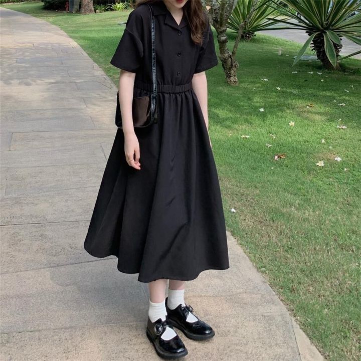 College Style Dress over the Knee Student Sweet Mori Girls Suit Collar Korean Style Slimming Mid-LengthaWord Skirt Summer