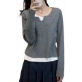 Fake Two-Piece Knitted Sweaters Sweater Women's Spring Autumn and Winter Undershirt French off-Shoulder Chic as Soft Glutinous Inner Wear Blouse. 