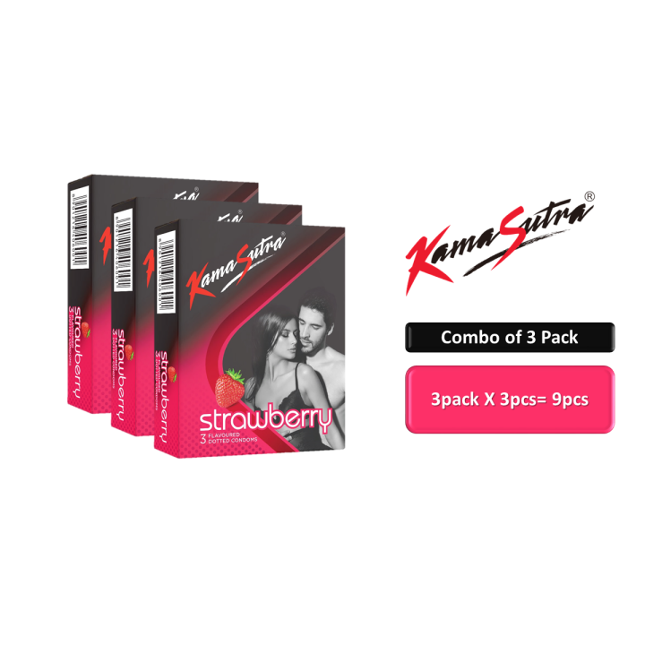 KamaSutra Strawberry Flavoured  Dotted Condoms | Combo of 3 Packs (9 Pcs)
