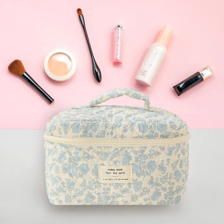 Women Floral Cosmetic Bag Printed Cotton Aesthetic Toiletry Purse Large Capacity Zipper Closure Girls Daily Handbag