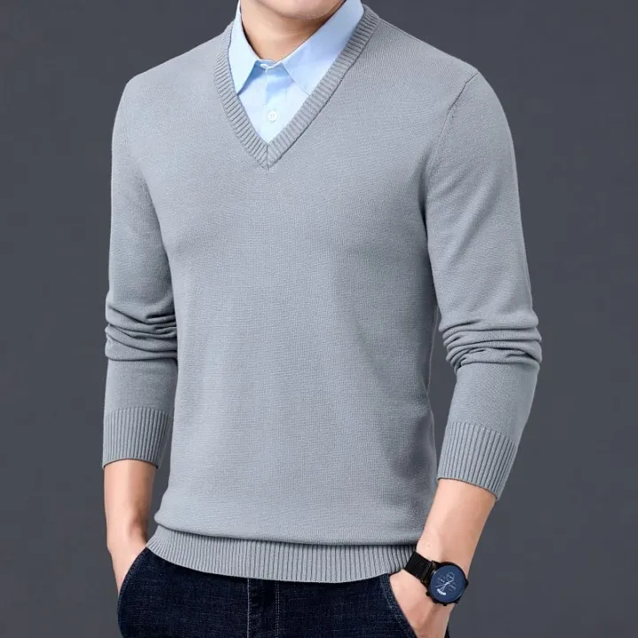 Shirt%20Collar%20Sweater%20Spring%20and%20Autumn%20Men's%20Business%20Casual%20Knitwear%20Pure%20Color%20All-Matching%20Dad%20Wear%20Cotton%20Knitwear%20Men's%20Clothing%20-%20Image%204