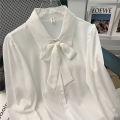 Lantern Sleeve Elegant Spring and Autumn Bow Shirt White Chiffon Shirt Women's Formal Wear Lace-up Fashionable Professional Top. 
